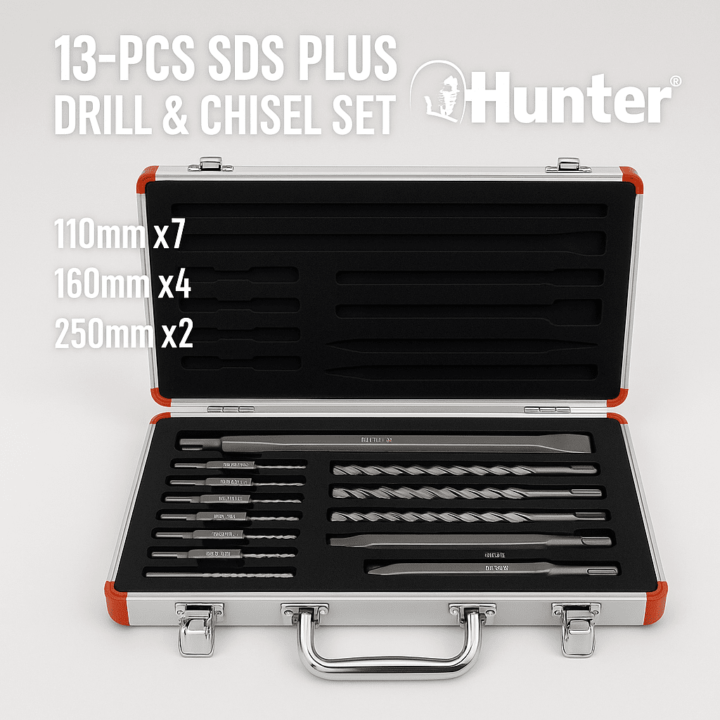 סט מקדחי SDS ואיזמלים Hunter – מזוודה פתוחה עם 13 חלקים